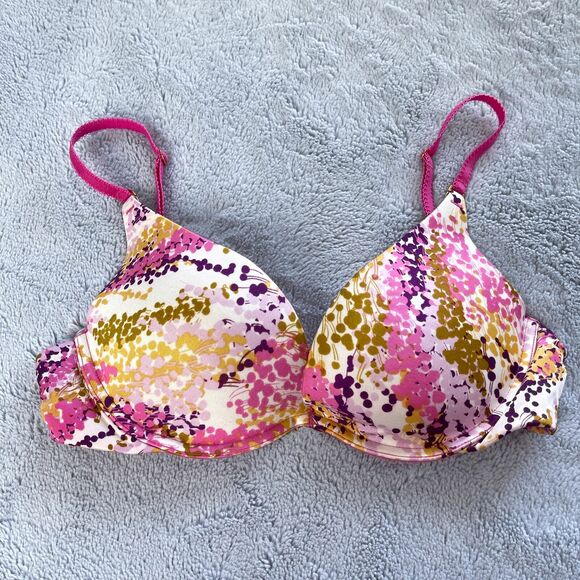Victorias Secret The Miracle Push Up Bra Pink Purple Floral Underwire Womens 34B - Picture 1 of 5